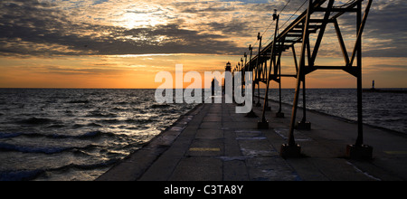 Grand Haven South Pierhead Lighthouse On A Stormy Evening In Michigan's Lower Peninsula, USA Stock Photo