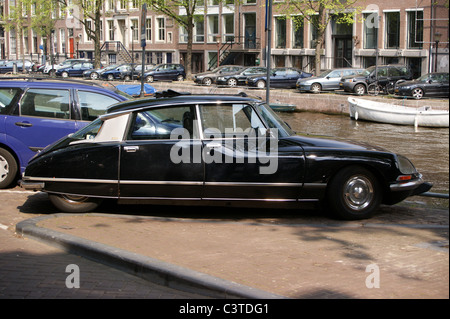 Black Citroen DS 21 Pallas, 1972, parked by a canal , Amsterdam, Netherlands, classic car, oldtimer Stock Photo