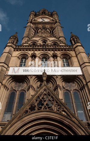 Welcome to Manchester banner on Manchester Town Hall, Albert Square,Manchester Stock Photo