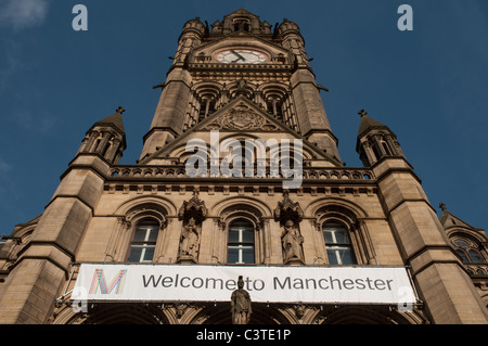 Welcome to Manchester banner on Manchester Town Hall, Albert Square,Manchester Stock Photo