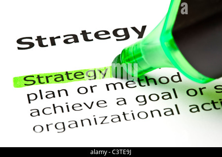 The word 'Strategy' highlighted in green with felt tip pen Stock Photo