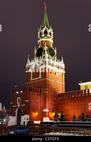 A Spassky tower of Kremlin wall, night view. Moscow, Russia Stock Photo