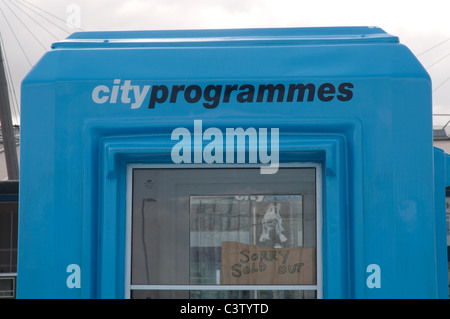 "Sorry Sold Out" note on kiosk at the City of Manchester Stadium, Manchester City Football Club. Stock Photo