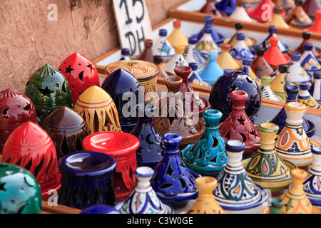 Colorful goods typical of traditional markets throughout the country of Morocco from Marrakesh to Fez to Ait Benhaddou Stock Photo