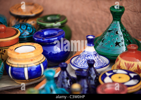 Colorful goods typical of traditional markets throughout the country of Morocco from Marrakesh to Fez to Ait Benhaddou Stock Photo