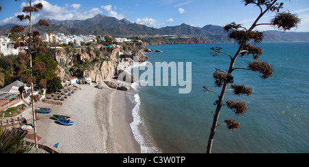 Aerial panoramic view of Caletilla Beach in Nerja, Costa del Sol,  Andalucia, Andalusia, Spain Stock Photo