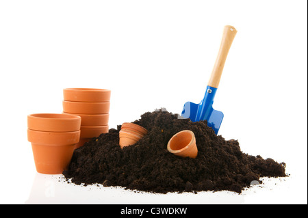 sand flower pots and work tools for working in the garden Stock Photo