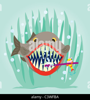 A small fish is cleaning a big fish teeth. Stock Photo