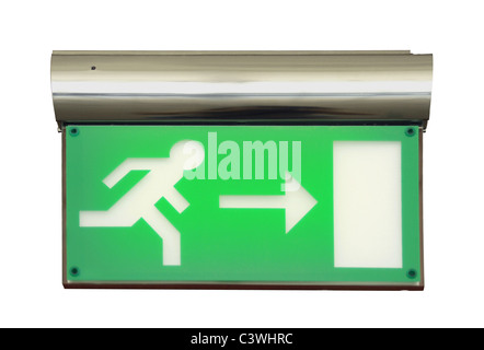 Emergency blinking exit sign over white background with clipping path Stock Photo