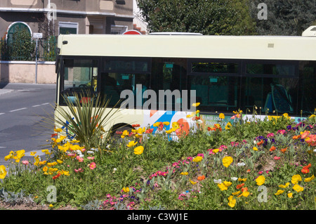 bus roundabout circular junction with flowers Stock Photo
