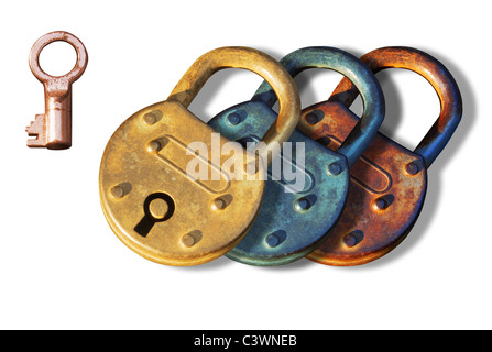 Antique Padlocks in different roughed metal surface with a key on their side. Isolated elements over white background. Stock Photo