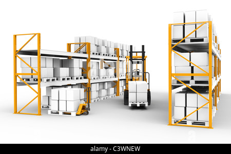 Warehouse. Shelves, pallets and trucks. Part of warehouse series. Stock Photo
