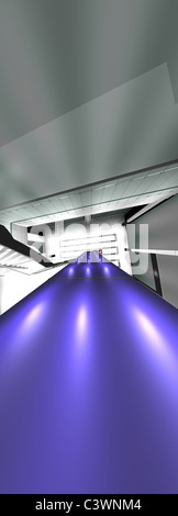 Futuristic blue lighting 3D render deck. Future architecture vertical widescreen composition. Stock Photo