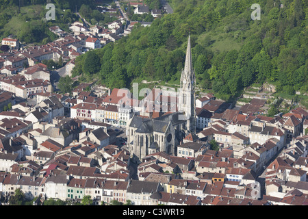 AERIAL VIEW. Notre Dame church in the city of Joinville. Marne Valley, Haute-Marne, Champagne-Ardenne, Grand Est, France. Stock Photo