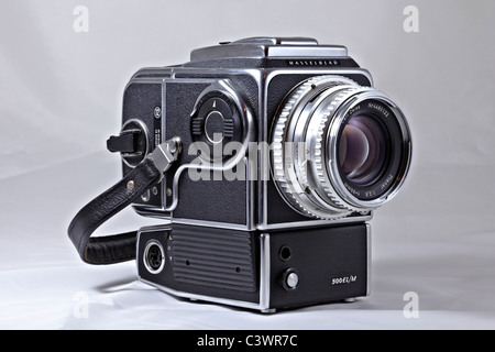 Classic film camera. Hasselblad 500 ELM power driven classic professional medium format camera and Carl Zeiss Planar lens Stock Photo