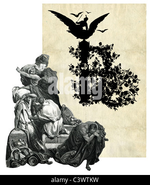 Victorian initial letter B with Owl and frightened people. Stock Photo