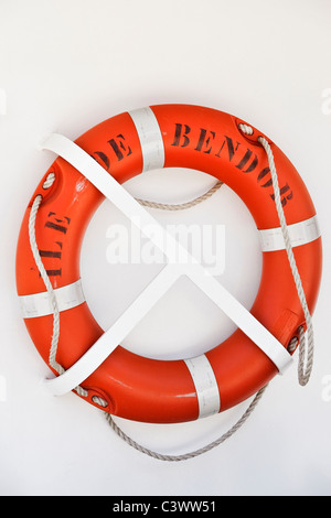 Life ring on ferry boat connecting Bendor Island and Bandol, Côte d'Azur, France Stock Photo