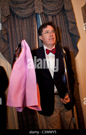Comedian Stephen Colbert is presented a pair of pink Bermuda shorts by the Government of Bermuda on in Charleston, SC. Stock Photo