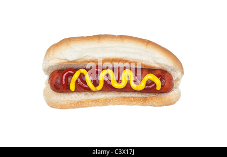 A freshly grilled hotdog on a bun with a stream of mustard and ketchup isolated on white. Stock Photo