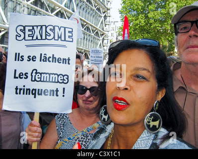 Paris, France, French Women at Feminist Protest Demonstration, Against Sexism in 'Dominique Strauss Kahn' Case, Holding Protest Signs on Street, equality, women's rights movement, woman protesting, female empowerment signs Stock Photo