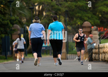 Australia. Sydney. Mrs. Macquaries Point, near Royal Botanical Gardens. Men and women are doing morning exercise. Stock Photo