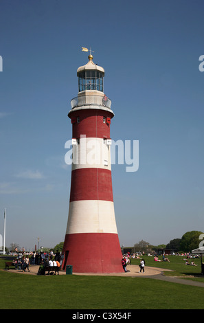 Smeaton's Tower, the old Eddystone Lighthouse rebuilt on Plymouth Hoe as a memorial to its designer John Smeaton Stock Photo