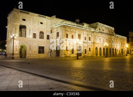 The historic city hall in Seville, Spain, Night street scene in Plaza de San Francisco, Seville, Spain. Stock Photo