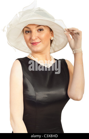 https://l450v.alamy.com/450v/c3x8hd/elegant-woman-in-black-satin-dressmodern-hatgloves-and-pearls-jewelry-c3x8hd.jpg