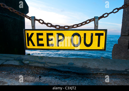 'keep out',sign,danger,coast,sea,beach,chain, Stock Photo