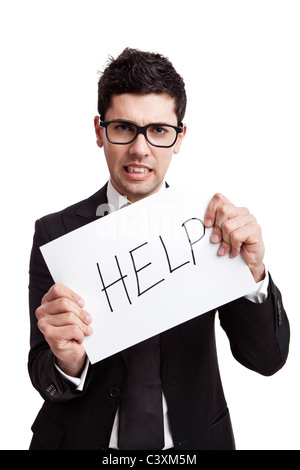 Nerd businessman holding a cardboard with the text Help, isolated on white background Stock Photo