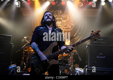 Lemmy, real name Ian Fraser Kilmister, performs with Motorhead at the Great Hall in Cardiff, Wales, UK. Stock Photo