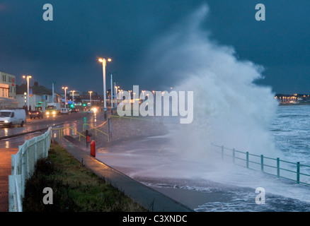 Waves break over sea wall during a gale at Seaburn, Sunderland on the northeast coast of England