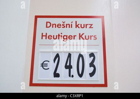 Sign showing daily currency exchange rate when paid in Euros in Kaufland store Prague Czech Republic Europe Stock Photo