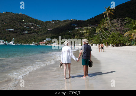 Idyllic scene of man and woman holding hands and smiling at each other on the beach while on vacation in the Caribbean Stock Photo