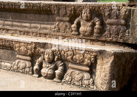 Detail carved moonstone steps at entrance to Mahasena Palace Anuradhapura Sri Lanka Stock Photo