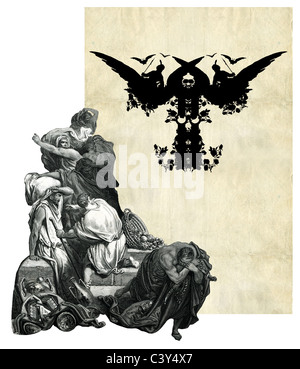 Victorian initial letter T with Owl and frightened people. Stock Photo