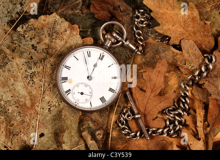 Antique pocket watch and chain on dead leaves Stock Photo