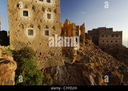 Shaharah, Arabia, Arabic, Arabian, building, mountain village, blue sky, village, house, home, houses, homes, historical, Yemen, Stock Photo