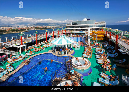Croatia, Europe, Split, NCL, Norwegian Cruise Line, cruise ship, Norwegian Gem, sailing away, departing, leaving port, amidships Stock Photo