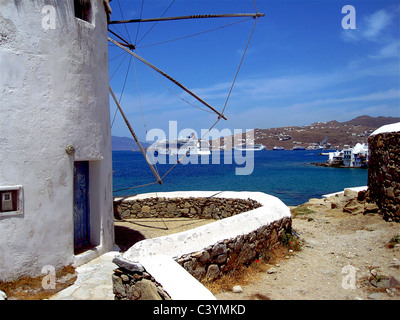 Europe, Greece, Greek Islands, Mykonos, aegean mediterranean, Cyclades Chora, white, painted, stucco, houses, architecture, wind Stock Photo