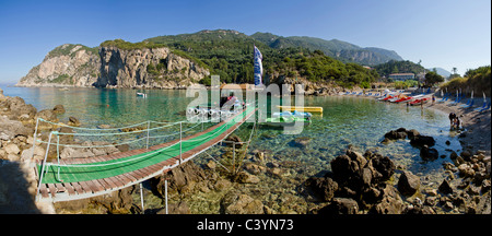 Beach, Paleokastritsa, Corfu, Europe, Greece, landscape, water, summer, mountains, sea, people, ships, boat, Stock Photo