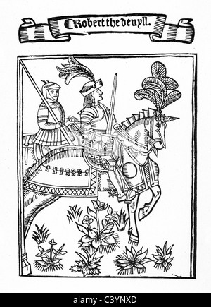 Medieval woodcut showing Robert the Devil, wearing a suite of armour and mounted on his horse Stock Photo