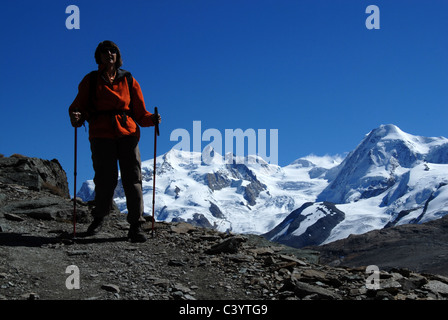 Matterhorn, Zermatt, Valais, mountain, hiker, woman, Hornli, hut way, Alps, Swiss, Switzerland, blue, sky, walking, hiking, moun Stock Photo