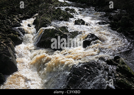 A dramatic image of the Water of Feugh in spate by the Bridge of Feugh, near Banchory, Aberdeenshire, Scotland, United Kingdom. Stock Photo