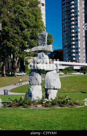 Innukshuk statue at English Bay Beach, Vancouver BC Stock Photo