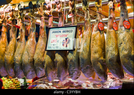 Jamon Iberico 'Bellota' for sale in La Boqueria public market, La Rambla (Las Ramblas), Barcelona, Catalunya, Spain Stock Photo