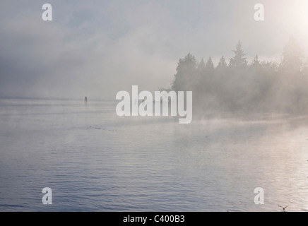 Early morning sun over fog on the Fraser River. Port Coquitlam, BC, Canada. Stock Photo