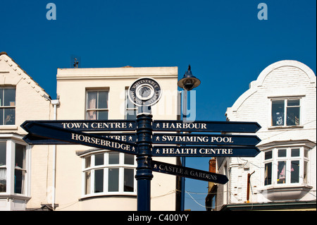 WHITSTABLE, KENT, UK - APRIL 30, 2011:  Tourist information sign along the High Street with directions to the Harbour and High Street Stock Photo