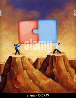 Illustration of two people putting a puzzle piece together Stock Photo