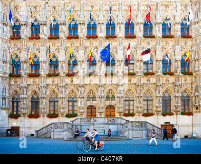 Belgium, Europe, Leuven, city hall, facade, Gothic, flags Stock Photo